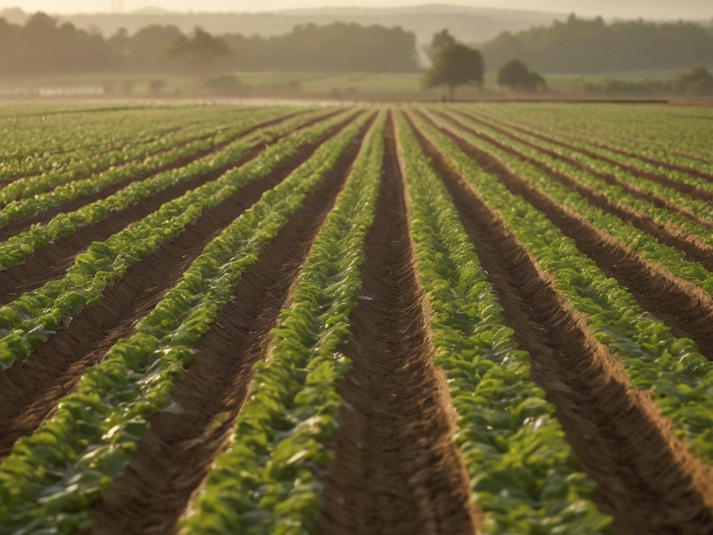 A sunlit vegetable farm field with crop rows at sunrise