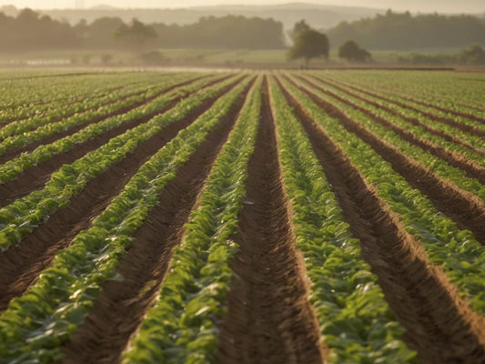 A sunlit vegetable farm field with crop rows at sunrise