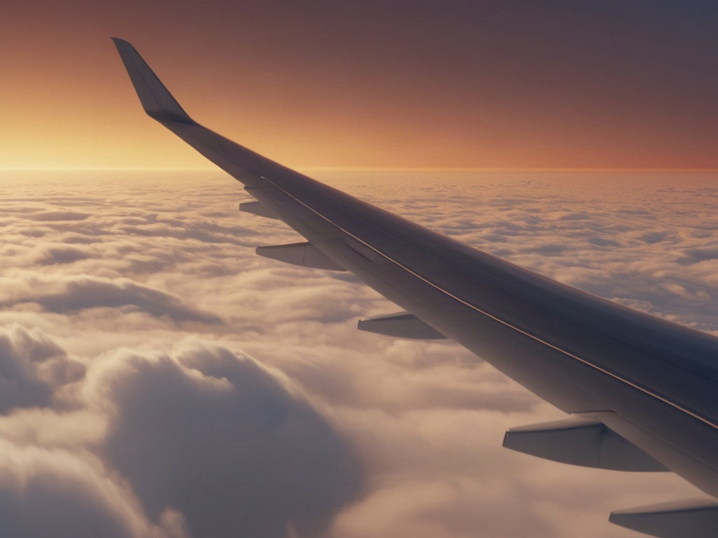A plain airplane wing at cruising altitude above soft clouds at sunset