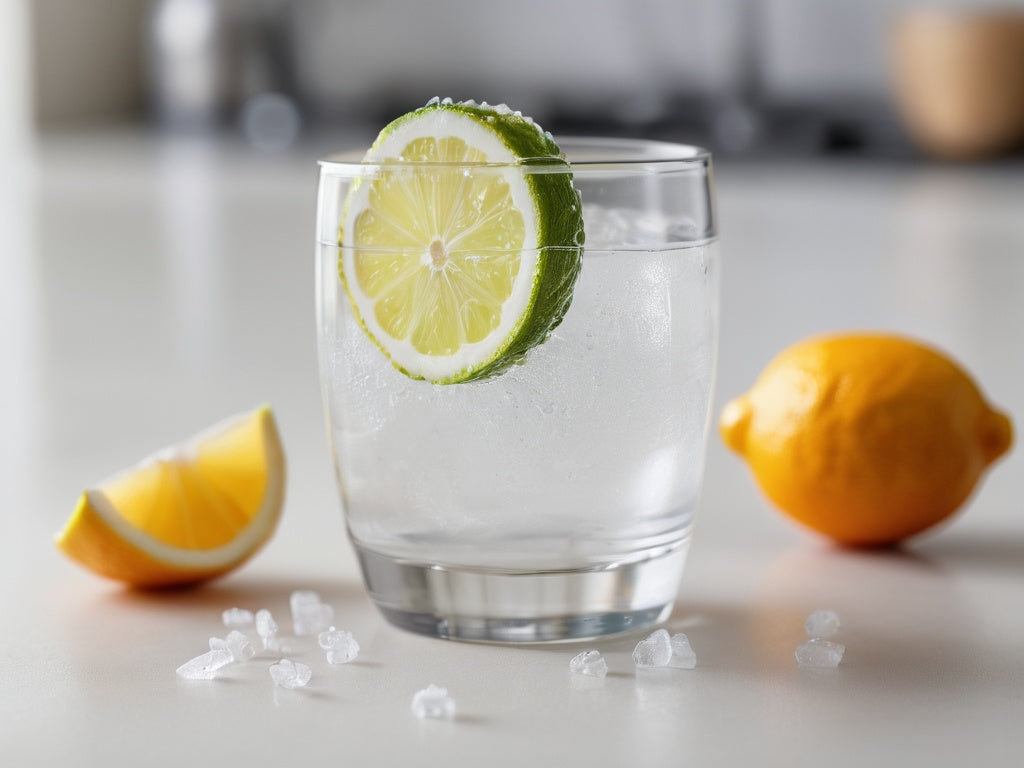 Glass of water with fresh citrus slices and salt crystals