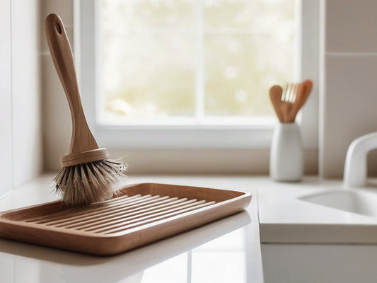 A wooden-handled cleaning brush resting on a wooden draining tray beside a bright kitchen sink