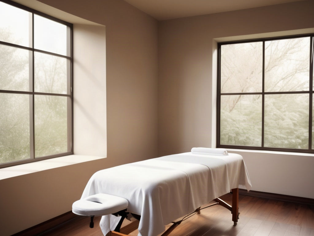Empty calm massage therapy treatment room with a professional massage table