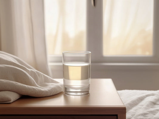 A clear glass of water on a wooden nightstand beside a folded blanket in soft daylight