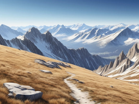 A high mountain landscape with dry alpine terrain and distant peaks under a clear sky