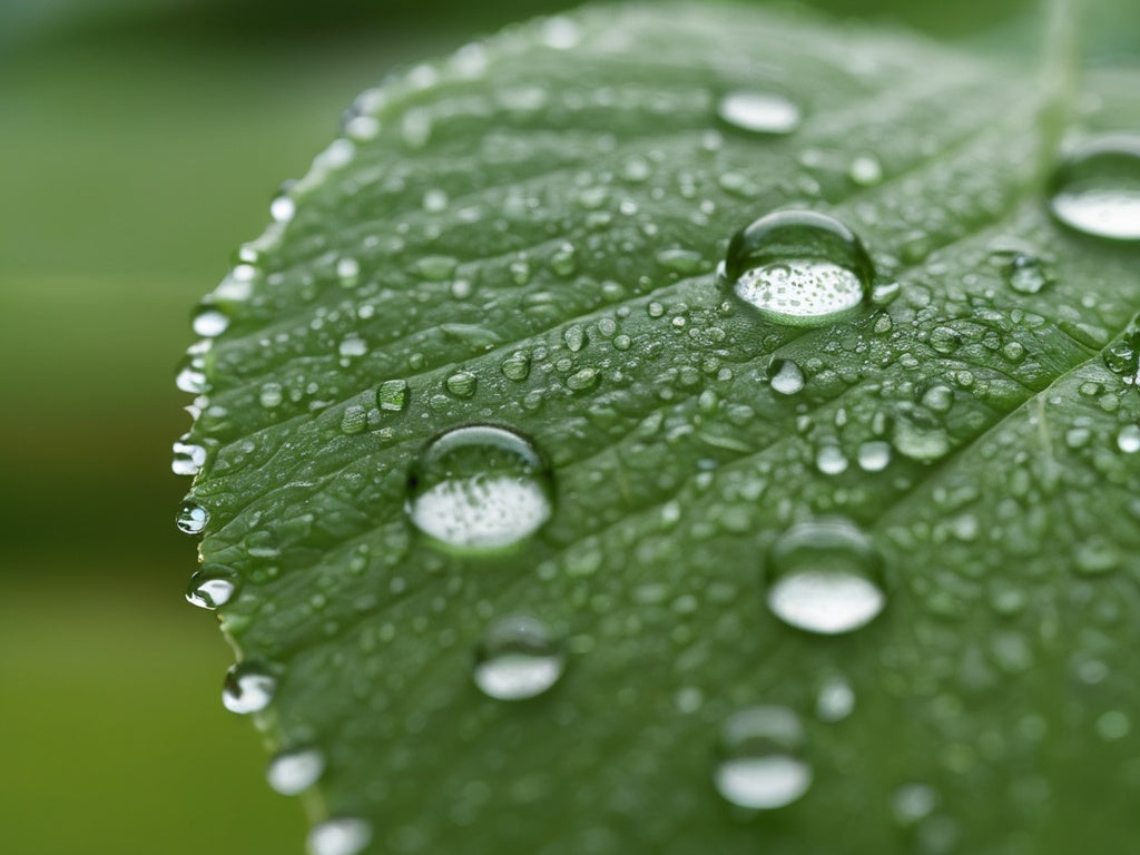 A macro close-up of fresh water droplets on a dewy green leaf in soft morning light