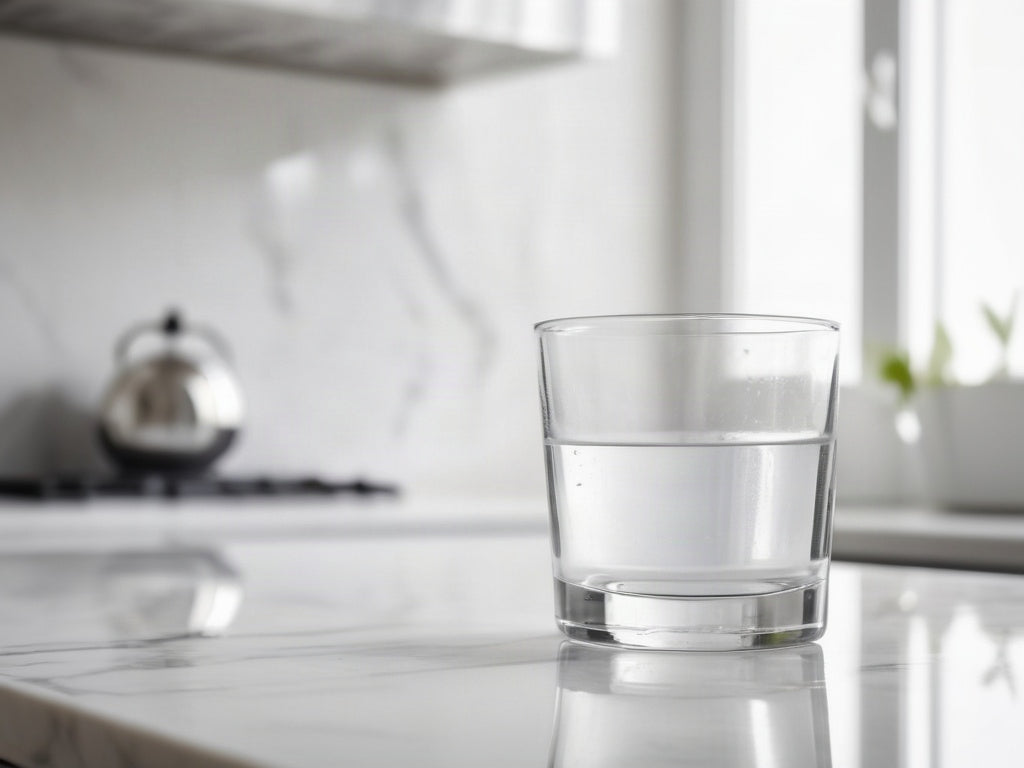 Clear glass of water on white marble countertop