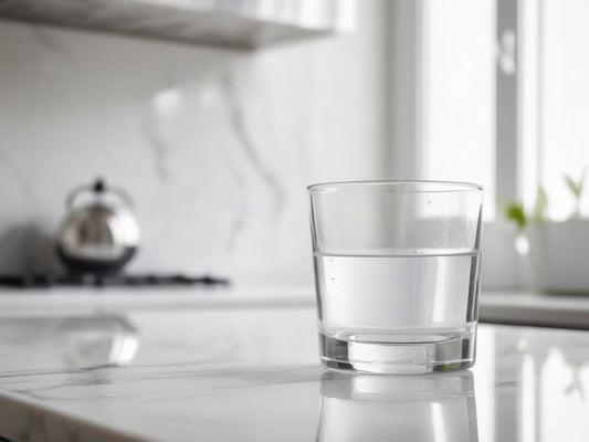 Clear glass of water on white marble countertop