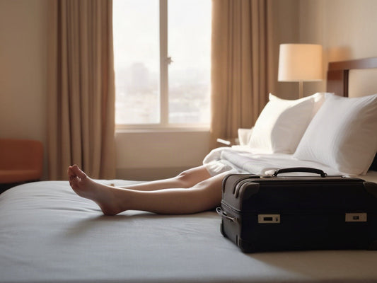 A person sitting in a bright hotel room near a window stretching their leg with a handheld massage roller stick on their calf, suitcase in the background, warm natural light, no text or logos