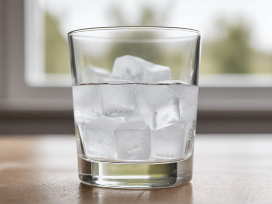 A clear glass of ice water on a plain light surface in daylight, no text or logos visible