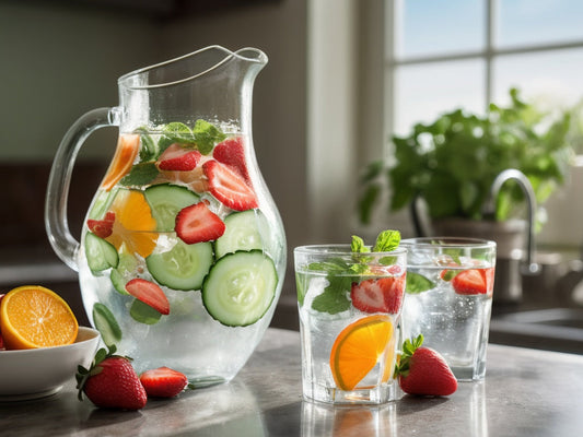 Glass pitcher of infused water with cucumber, strawberries, orange and mint