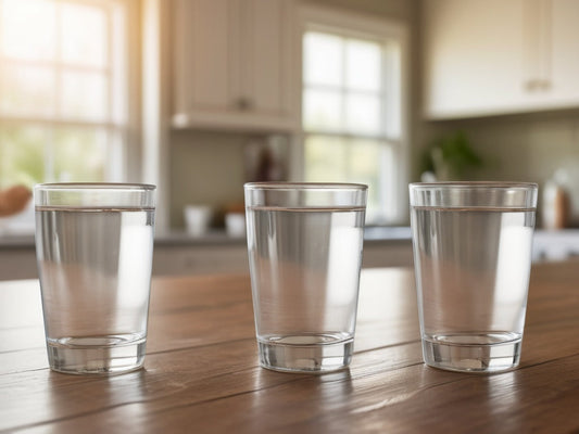 Three glasses of water in different sizes on a family kitchen table