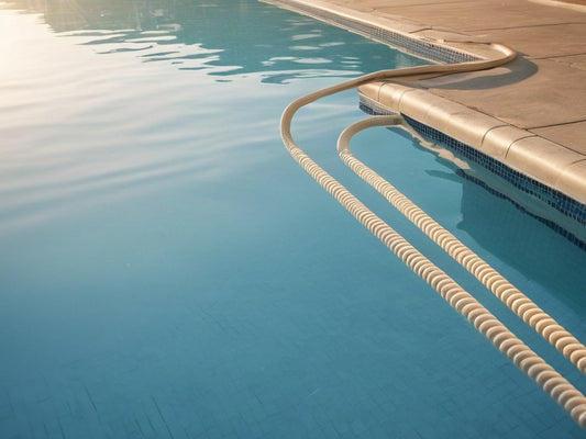 Empty swimming pool with lane ropes at sunrise
