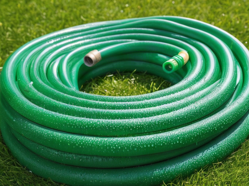Green garden hose coiled on a sunny lawn