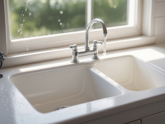 A bright kitchen sink with soft soap suds and running water in daylight