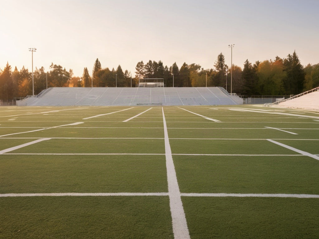 Empty football practice field with yard-line markers at golden hour