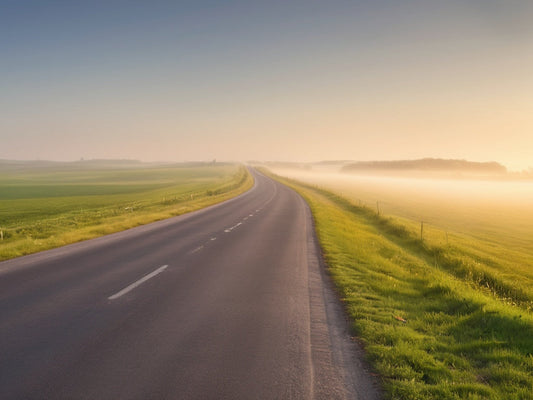 Quiet two-lane commuter road at sunrise