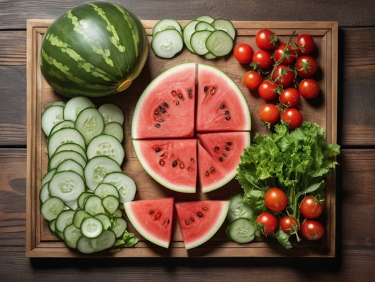 An overhead flat lay of sliced watermelon, cucumber, and leafy greens on a wooden board