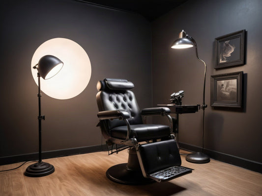 Empty tattoo studio station with a black leather chair and overhead lamp