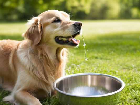 Golden retriever drinking from a stainless steel bowl on a park trail