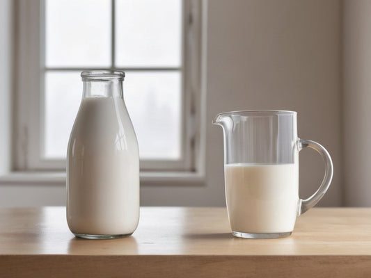 Glass bottle and glass jug of milk on a wooden kitchen table by a window