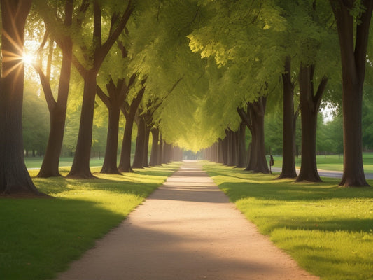 An empty tree-lined running path at golden hour with no people, text, or logos visible
