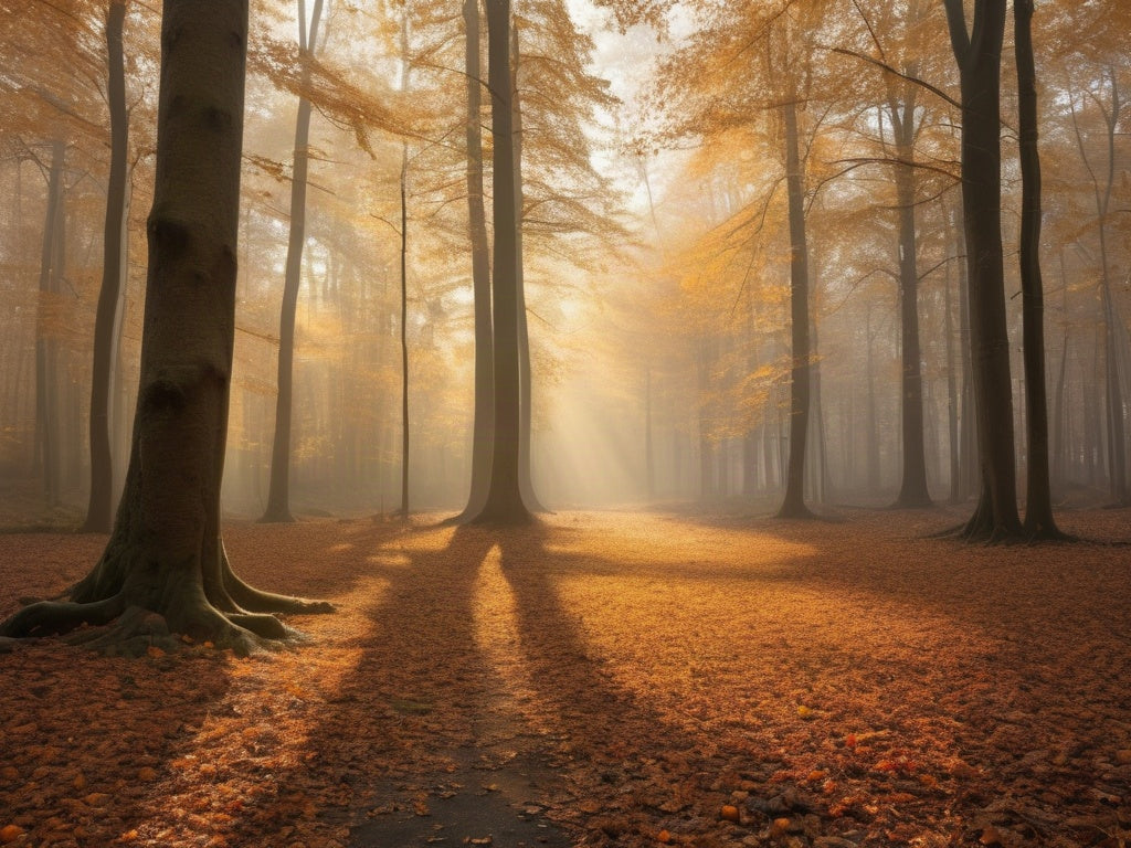Early morning autumn forest with golden light through the trees and thin ground mist