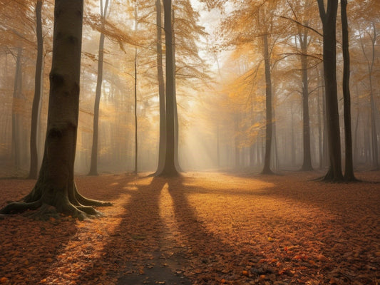 Early morning autumn forest with golden light through the trees and thin ground mist