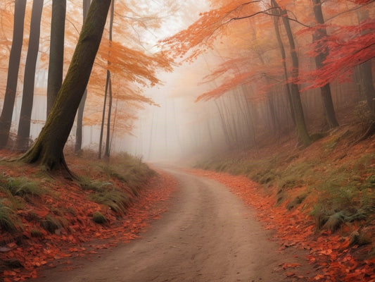 Dirt hiking trail winding through autumn forest foliage