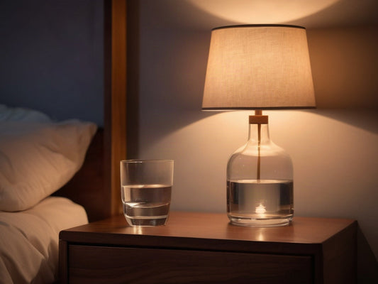 A glass of water on a wooden nightstand beside a lamp in dim evening light