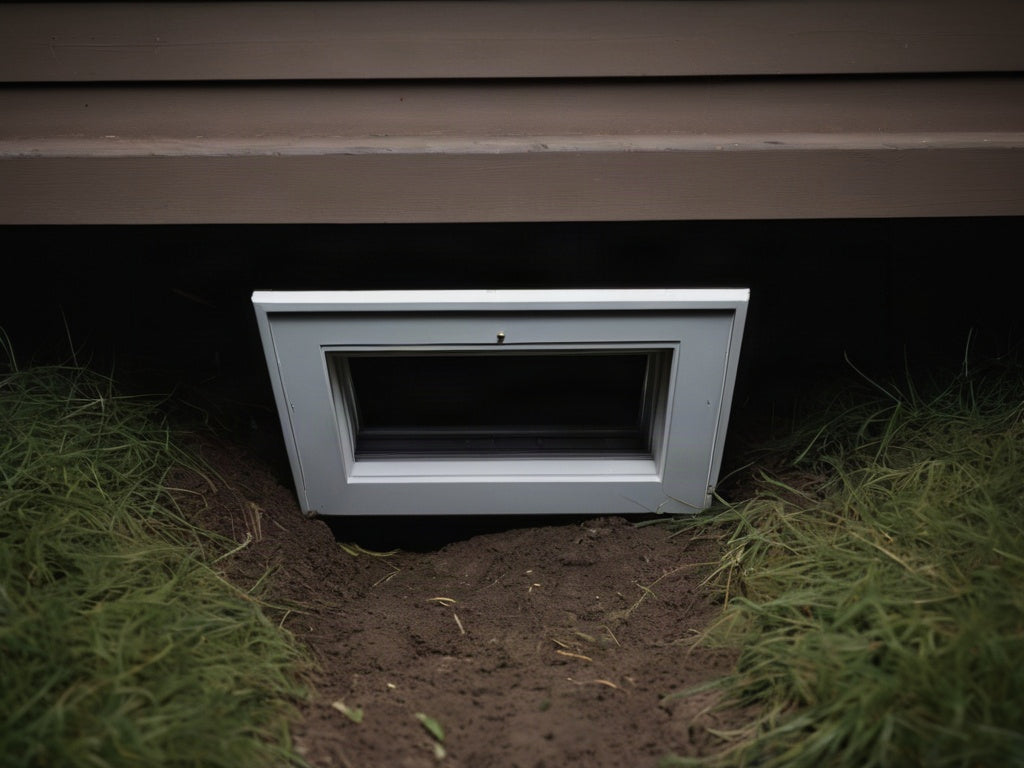 Open crawl space access hatch under a house exterior