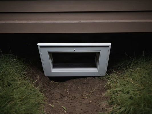 Open crawl space access hatch under a house exterior