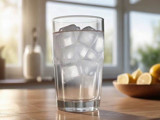 A tall glass of ice water with condensation on a sunlit wooden kitchen counter