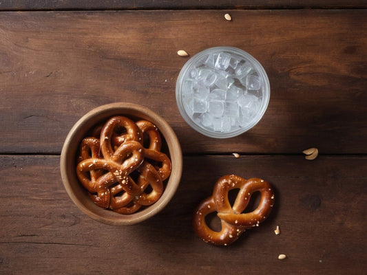 Bowl of pretzels beside a glass of water