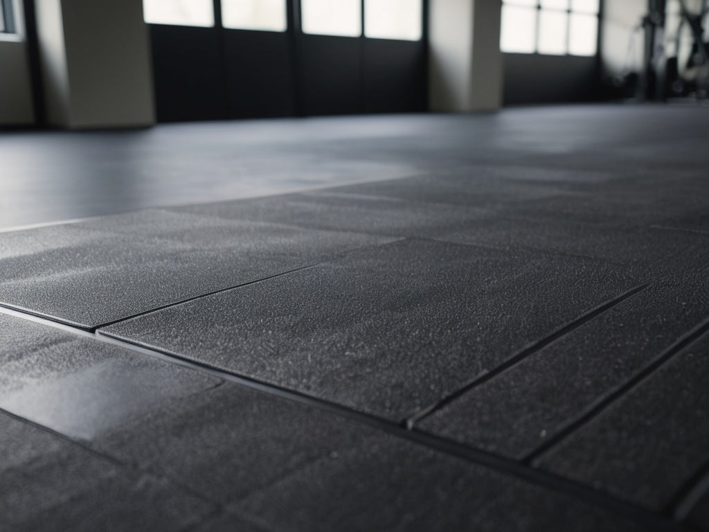 Textured black rubber gym floor tiles with blurred weight room background