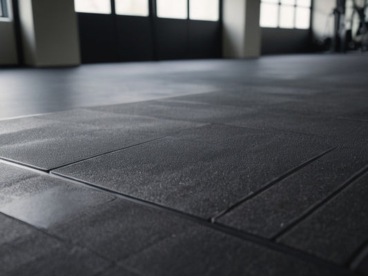 Textured black rubber gym floor tiles with blurred weight room background