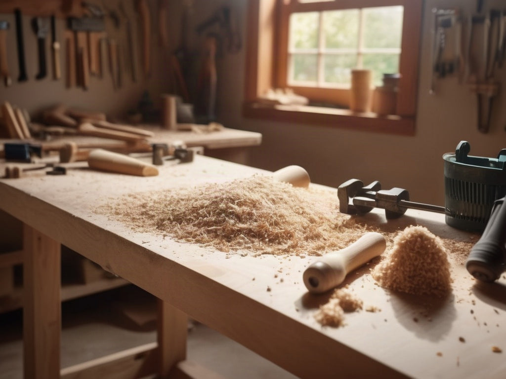 A clean wooden workbench with scattered woodworking tools and sawdust, soft natural window light