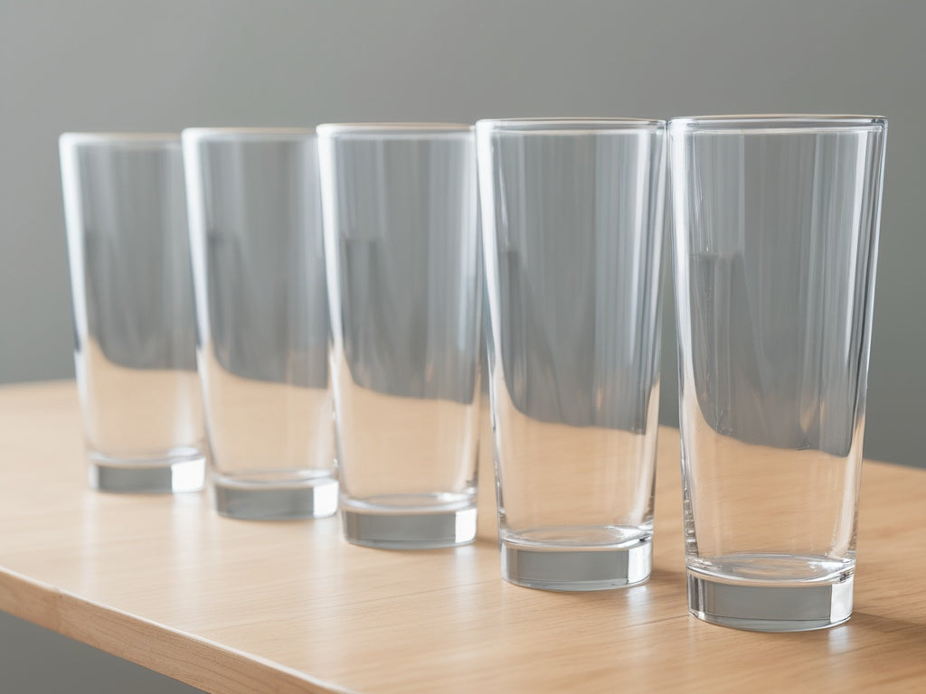 A row of identical clear drinking glasses of water on a wooden table in daylight, no text or logos visible
