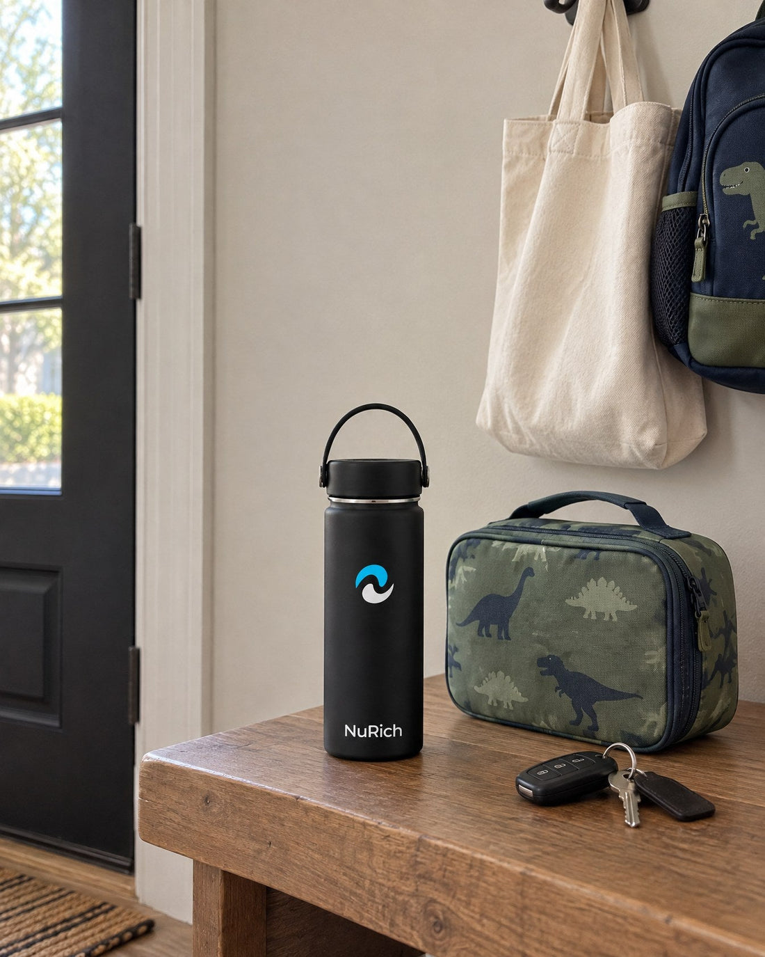 Black NuRich 18 oz insulated water bottle next to a lunch box and a school backpack