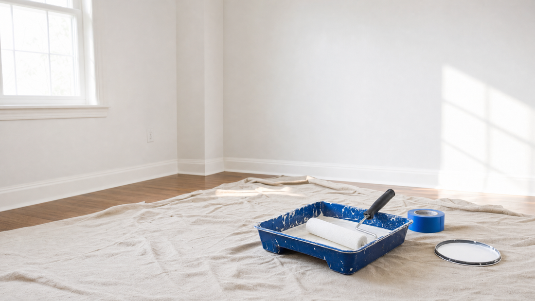 Empty room with freshly painted white walls, a paint roller in a tray on a drop cloth, bright window light, no text or logos