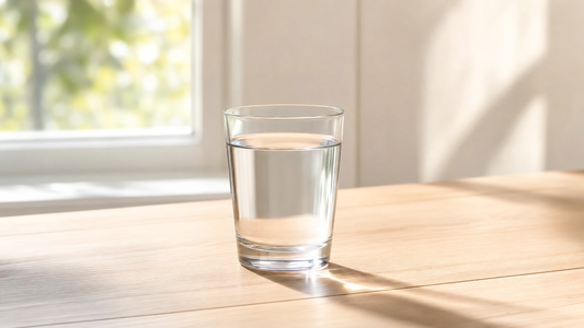A clear glass of water on a clean wooden table in bright morning light, simple and minimal, no text or logos