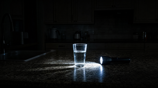A dark kitchen counter with a flashlight beam illuminating a glass of water, moody low light, no text or logos