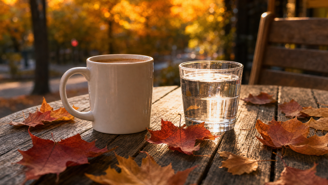 A warm autumn scene with a plain ceramic mug of coffee beside a clear glass of water on a rustic wooden table, fallen leaves nearby, no text or logos