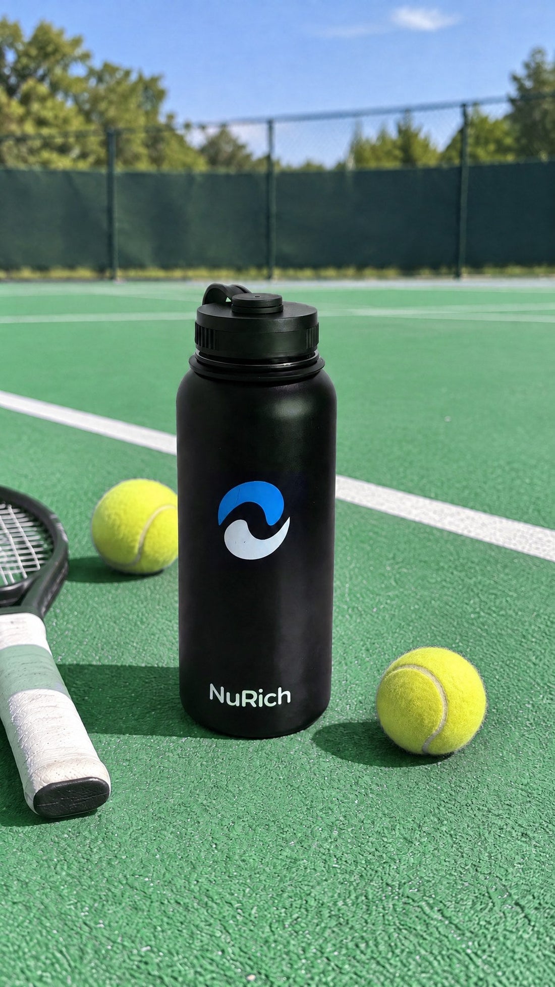 NuRich Loop Lid with carry loop on a black 32 oz wide mouth water bottle on a tennis court