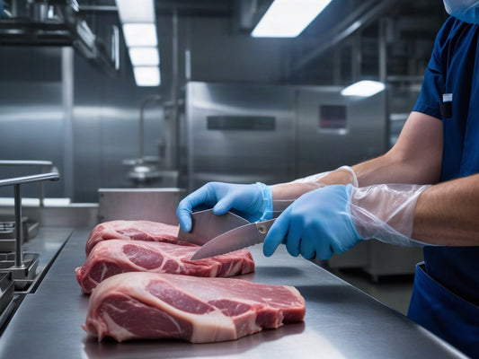 Meat processing worker's gloved hands with a knife at a cutting station
