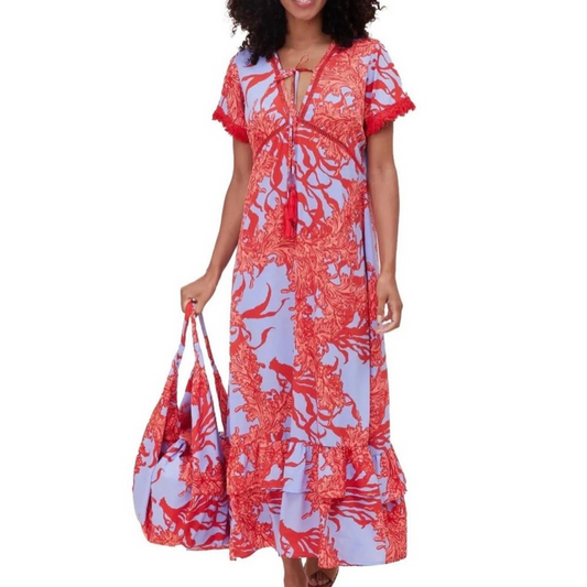 Brigida Ruffle Maxi Dress Butterfly Sleeve in Deep Coral