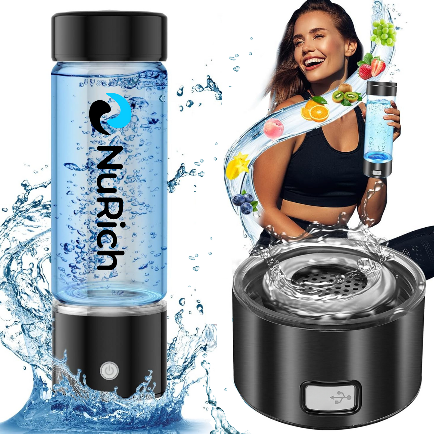 NuRich Echo Flask Hydrogen Water Bottle, 420ml Portable SPE/PEM Generator, 2200PPB in 3 Min, Rechargeable Hydrogen Ionizer for Home, Travel, Fitness - Gift for All Family Members