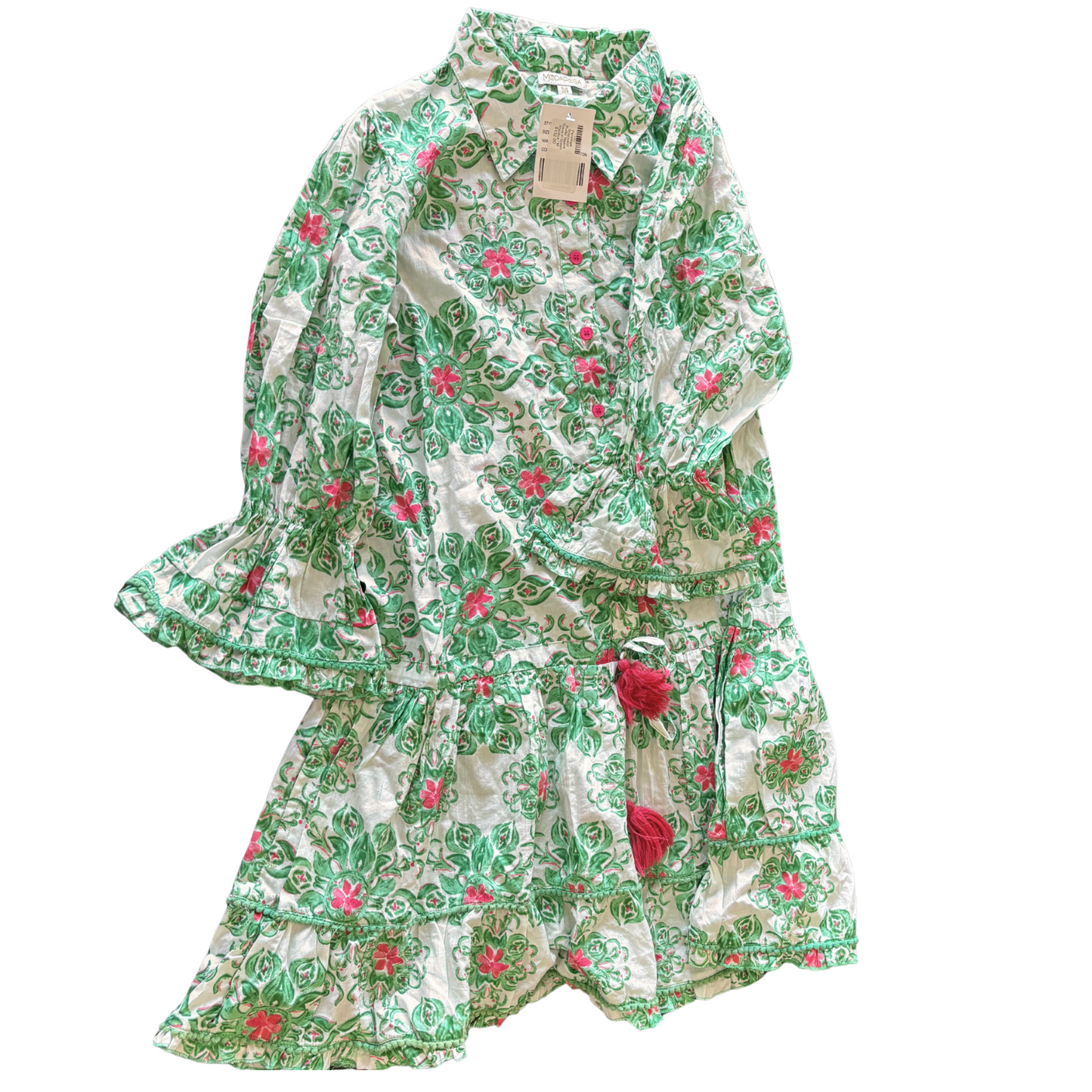 Penelope Dropwaist Ruffle Sleeve Dress in Green Majolica