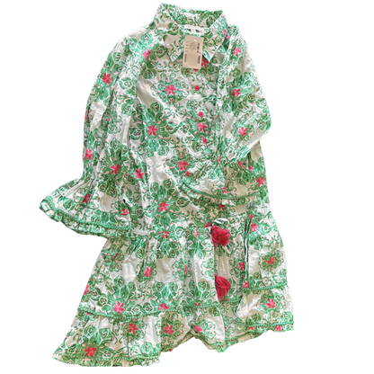 Penelope Dropwaist Ruffle Sleeve Dress in Green Majolica