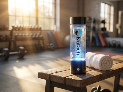 NuRich Echo Flask hydrogen water bottle glowing on a gym bench