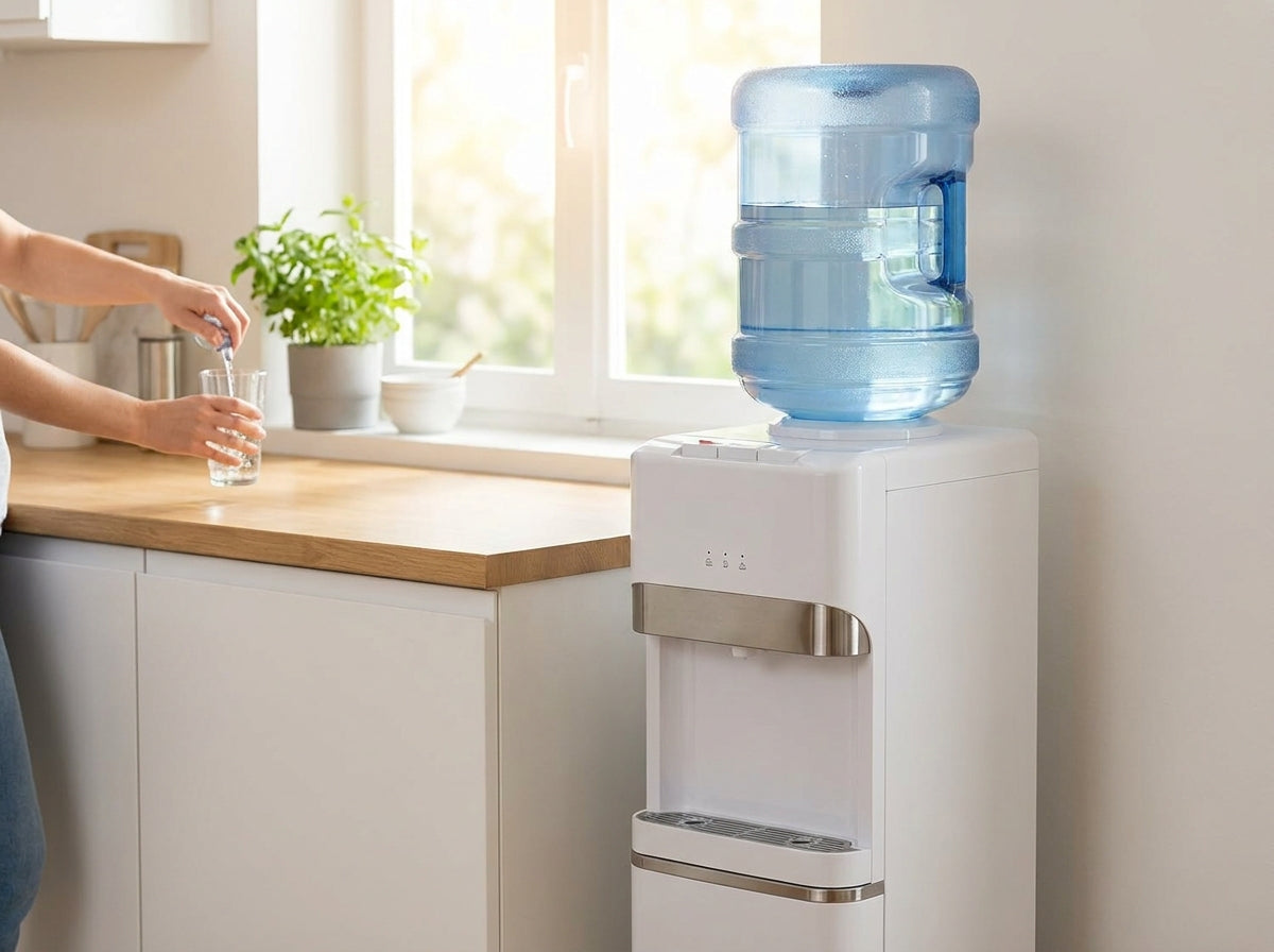 NuRich 5 gallon water jug on a water cooler dispenser in a bright kitchen